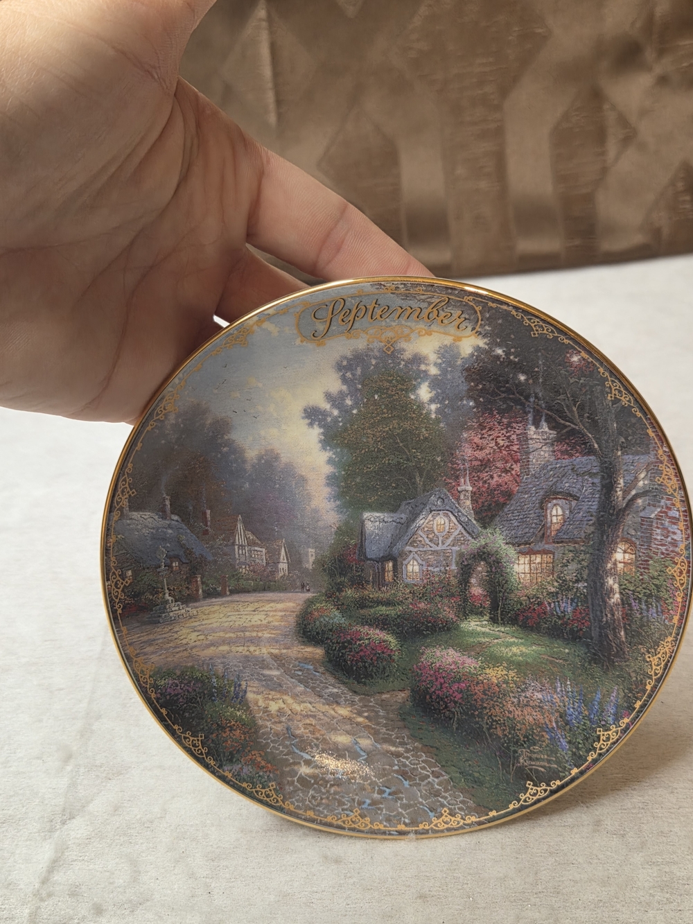 Thomas Kinkade September Cottage Plate — blue, green, brown, pink, gold